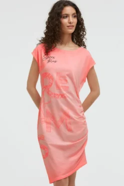 Asymetrisches Jerseykleid mit Print und Raffung neon flame