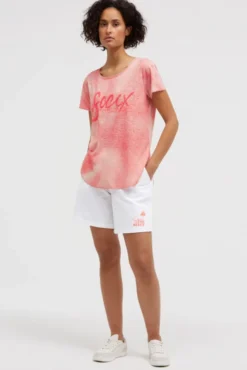 Ausbrenner-T-Shirt mit Pailletten - Wording neon coral