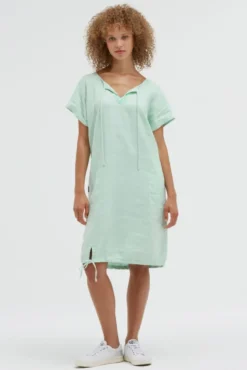 Ballonkleid aus Leinen mit Ajour-Details leafy mint