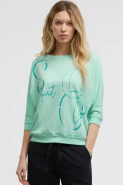 Basic Sweatshirt mit verkürzten Ärmeln und Artwork crystal aqua