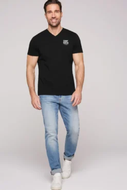 Basic T-Shirt V-Neck mit Logo Print black