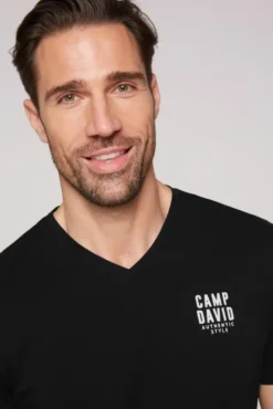 Basic T-Shirt V-Neck mit Logo Print black