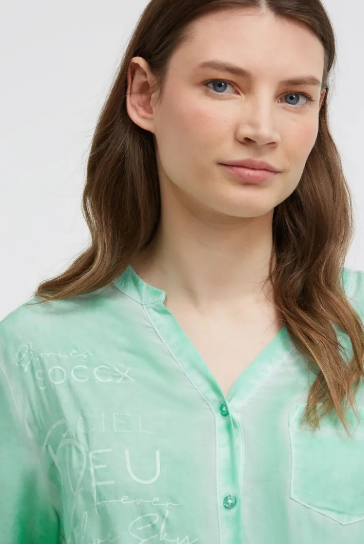 Bluse Kurzarm mit Knotensaum und Print french mint