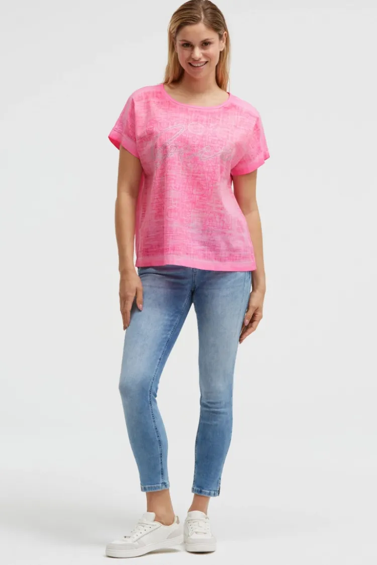 Blusenshirt im Stoffmix mit Artwork neon magenta