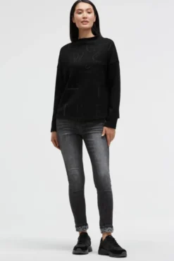 Boxy-Sweatshirt mit Print und Schmucksteinen black