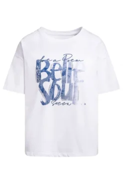 Boxy T-Shirt mit Print und Schmucksteinen opticwhite