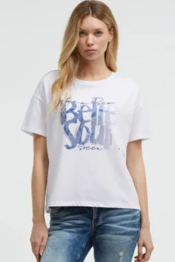 Boxy T-Shirt mit Print und Schmucksteinen opticwhite
