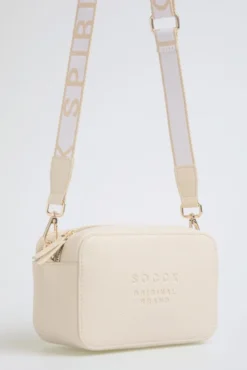 Crossbody Bag mit Logo und Intarsia-Webriemen old sand
