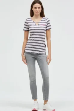 Gestreiftes T-Shirt mit Cut-Out und Print blue navy