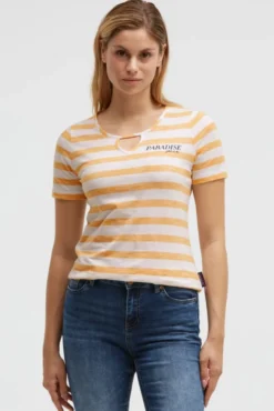 Gestreiftes T-Shirt mit Cut-Out und Print fresh mango