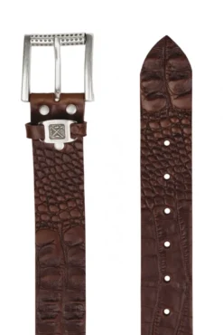 Gürtel aus geprägtem Leder mit Metall-Logo dark brown
