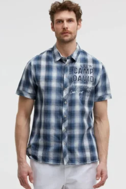 Karohemd Kurzarm mit Logo Print und Stickereien harbour blue
