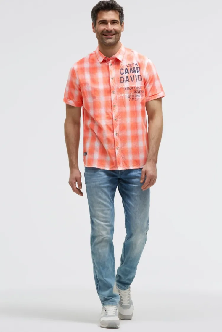 Karohemd Kurzarm mit Logo Print und Stickereien flame orange