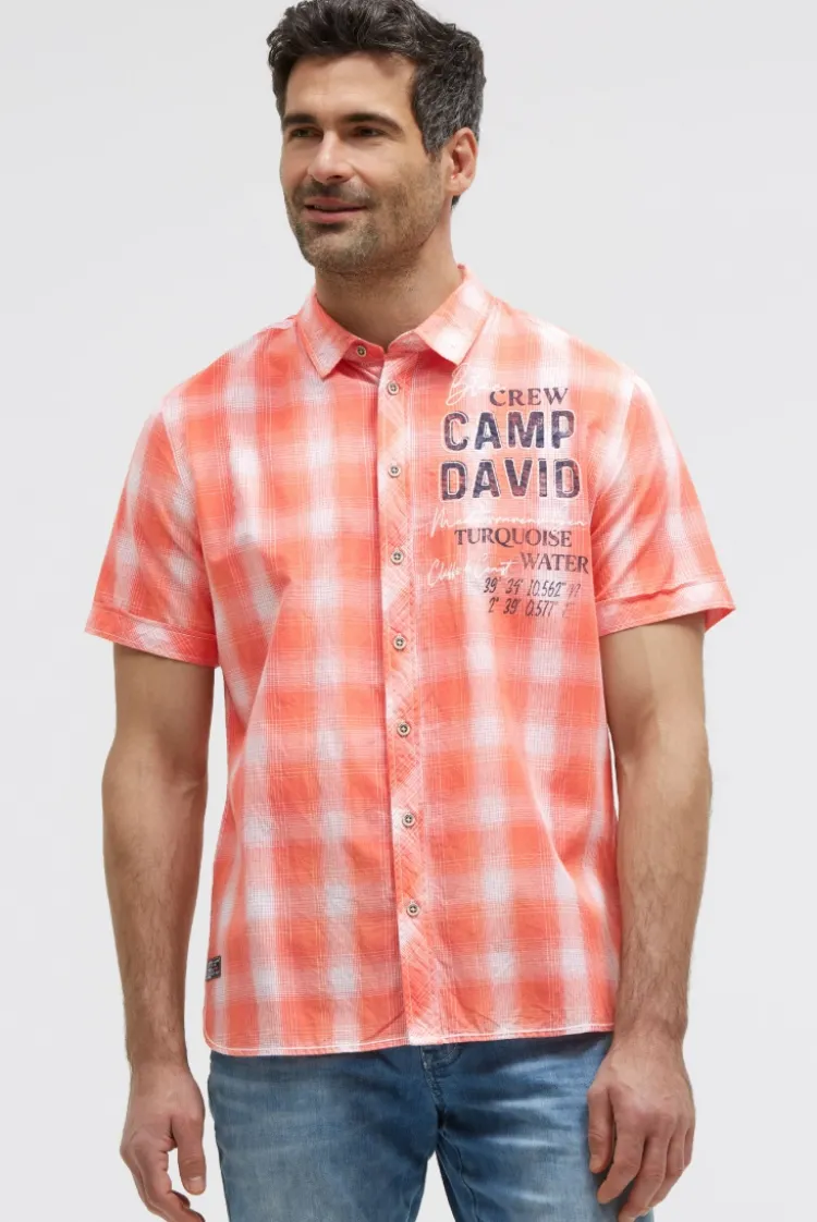 Karohemd Kurzarm mit Logo Print und Stickereien flame orange