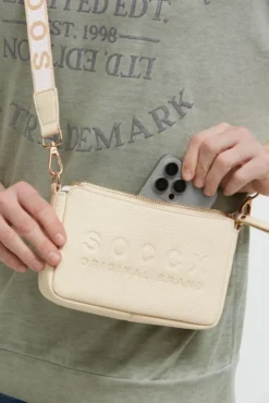 Kleine Umhängetasche mit Logo und Intarsia-Webriemen old sand