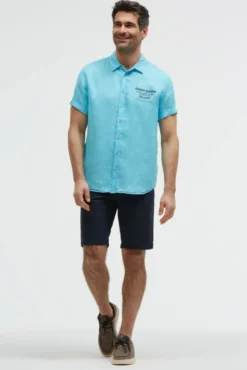Kurzarmhemd aus Leinen mit Logo Prints aqua