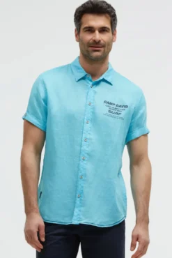 Kurzarmhemd aus Leinen mit Logo Prints aqua