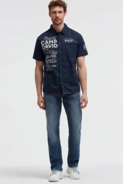 Kurzarmhemd mit Webstruktur und Logo Prints blue navy