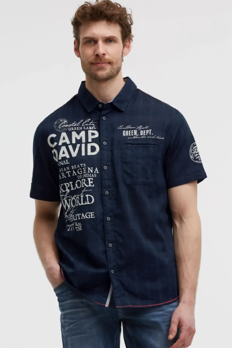 Kurzarmhemd mit Webstruktur und Logo Prints blue navy
