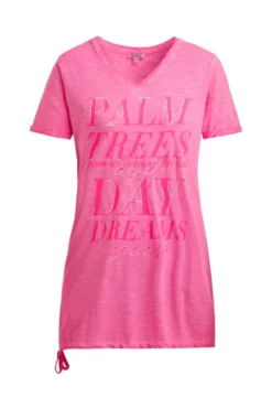 Langes T-Shirt mit Seitenraffung und Print neon magenta