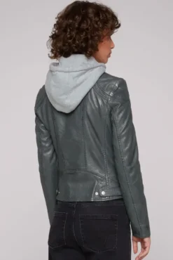 Lederjacke im Biker-Stil mit Kapuzeneinsatz dark green | S