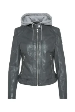 Lederjacke im Biker-Stil mit Kapuzeneinsatz dark green | S