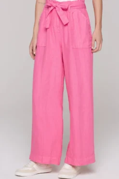 Leinenhose mit weitem Bein und Bindegürtel floral pink