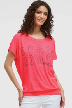 Longshirt mit Ausbrenner-Effekten und Glitter Logo neon coral