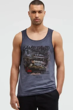 Muskelshirt Oil Dyed mit Photoprint blue grey