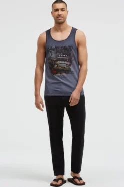 Muskelshirt Oil Dyed mit Photoprint blue grey