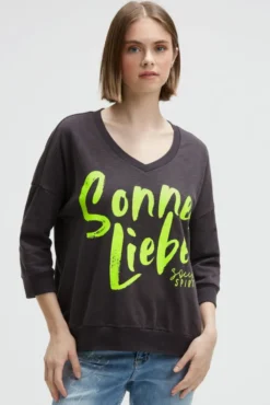 Oversized Sweatshirt mit V-Ausschnitt und Print charcoal mist