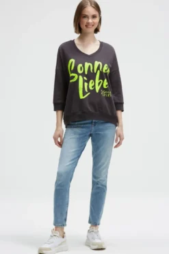 Oversized Sweatshirt mit V-Ausschnitt und Print charcoal mist