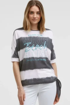 Oversize T-Shirt mit Streifen und Saumknoten grey bay | XS/S