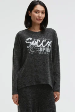 Pullover aus Flauschstrick mit Glimmer Gel Print black melange