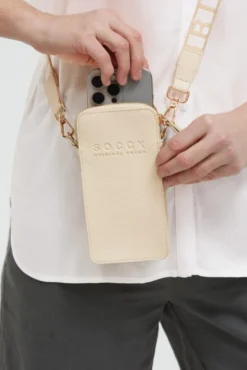 Smartphone-Tasche mit Logo und Intarsia-Webriemen old sand