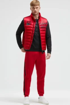 Steppweste im Materialmix mit Prints bright red