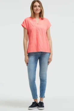 Strukturierte Crêpe-Bluse mit V-Öffnung neon flame
