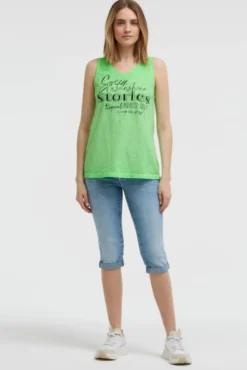Top mit V-Ausschnitt und Glitter Print neon green