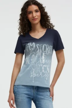 T-Shirt Dip Dye mit V-Ausschnitt und Label Print blue navy