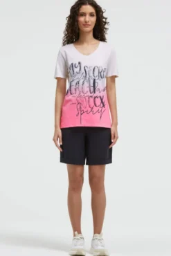 T-Shirt Dip Dye mit V-Ausschnitt und Label Print neon pink