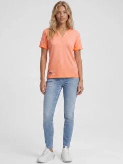 T-Shirt mit Leinen-Optik und Rückenprint neon apricot