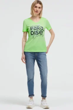 T-Shirt mit V-Ausschnitt und Glitter-Puffprint neon green