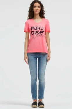 T-Shirt mit V-Ausschnitt und Glitter-Puffprint neon flame