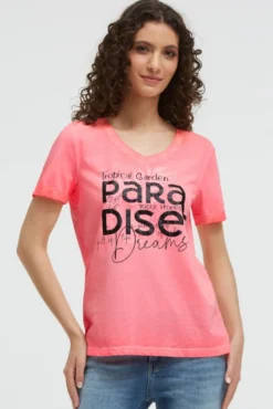T-Shirt mit V-Ausschnitt und Glitter-Puffprint neon flame