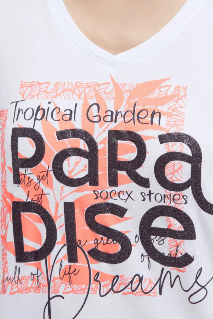 T-Shirt mit V-Ausschnitt und Glitter-Puffprint opticwhite