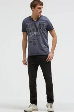 T-Shirt mit V-Cut und Used Print blue grey