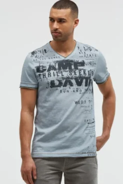 T-Shirt mit V-Neck im Vintage Look silver blue | S