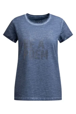 T-Shirt Oil Dyed mit Wording aus Schmucksteinen soft azure