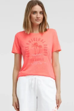 T-Shirt Rundhals mit Artwork neon coral