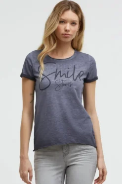 T-Shirt Rundhals mit Artwork und Used Look blue grey